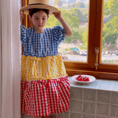 春夏 韓国風子供服 ガール シフトドレス ワンピース ワンピ 半袖 チェック柄 パフスリーブ 90-150