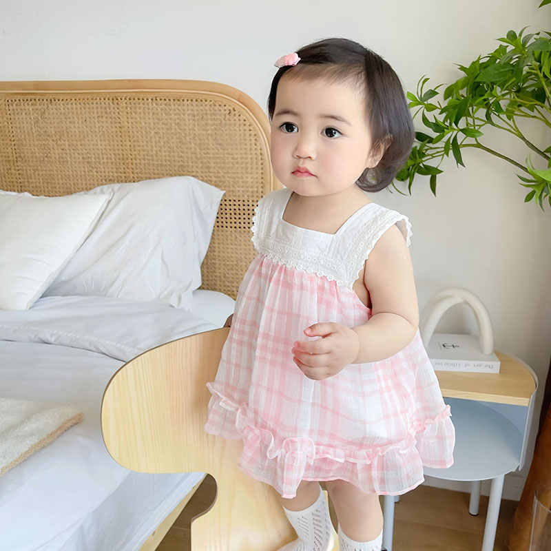 韓国風子供服 お勧め 春夏新作 カバーオール 袖なし連体服 チェック柄 チュールスカートロンパース 66-100