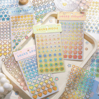 春夏新作 文具 PVCシール貼紙 手帳素材 封口貼 幾何学ラベル 表情 ハート 星 植物花 2枚入