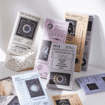 カフェ風 文具 素材紙メモ紙 手帳素材 アンティーク 猫 星月 宇宙 幾何学ラベル イラスト 50枚入