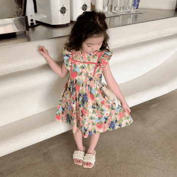 お勧め 春夏新作 韓国風子供服 3-8歳女の子 花柄 シフトドレス フリル ワンピース 袖なしワンピ 90-140