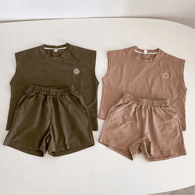 お勧め 春夏 韓国風子供服男女 Tシャツ+パンツ 袖なし上着 笑え顔 ショートパンツ プルオーバー80-150