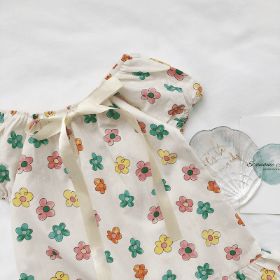 お勧め 23夏 3-8歳キッズ シフトドレス 花柄 リボン フリル ワンピース Uネック パフスリープワンピ 90-130