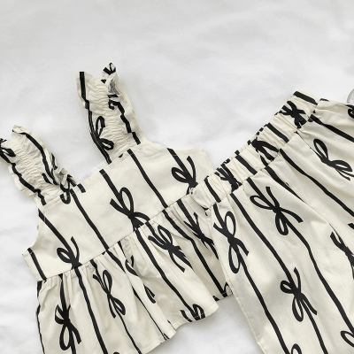 お勧め 2023夏 3-8歳キッズ リボン ストライプ柄 キャミソール サスペンダーセット シャツ+パンツ 90-140