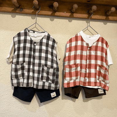 カジュアル キッズ ユニセックス サマー トップ チョッキ ベスト チェック柄 ノースリープ 80-150