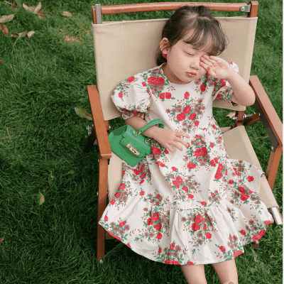 カジュアル ガールズ キッズ フリル ボタニカル シフトドレス ワンピース ハーフスリープワンピ 90-140