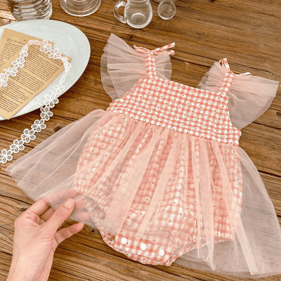 夏 ベビー ガールズ 連体服 花柄 チェック柄 フリル チュールスカート ロンパース カバーオール 66-90