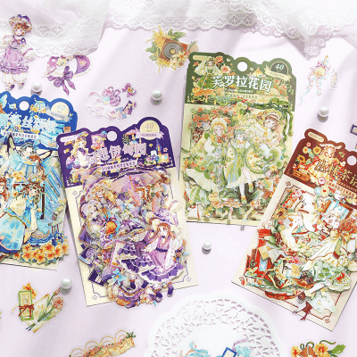 PETシール ステッカー アンティーク イラスト 少女ガール 花の子 童話 ラベル フラワー 40枚入