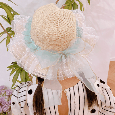 ハワイ 春夏 キッズ少女 ストローハット 麦わら帽子 日焼け止め リボン 草編み ビーチ海 花柄レース フリル