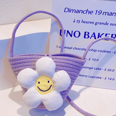 お勧め 春夏 キッズ子供 ポシェット かごバッグ 編みバッグ ぬいぐるみ花 ショルダーバッグ 6色