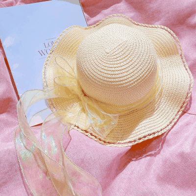 ハワイ 春夏 キッズ 少女 ストローハット 麦わら帽子 日焼け止め カンカン帽 草編み ビーチ海 リボン 6色
