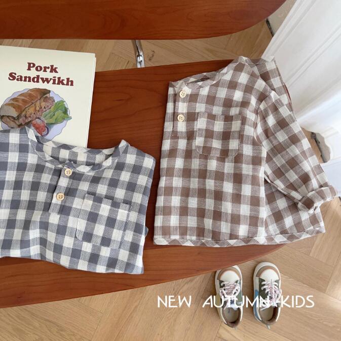 初秋★子供服★ワイシャツ★トップス★韓国風子供服★ベビー★長袖★チェック柄★2色★66-100CM