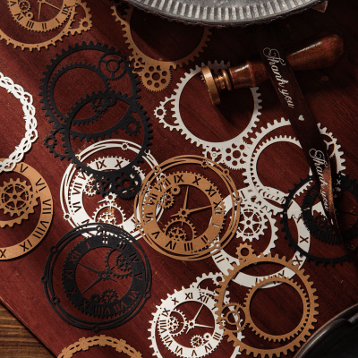 秋味 包装インテリア ペーパー 素材紙 パッキング アンティーク 葉花フラワー 時計歯車 枠 15枚入