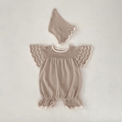 秋冬新作 ガールズ冬 子供服 カバーオール 連体服 0-3歳 フリル ニット 帽子 ロンパース 66-90