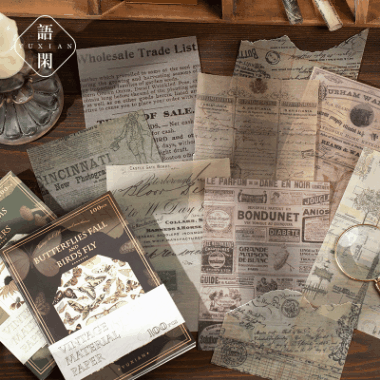 秋色 ペーパー素材紙 アンティーク 植物葉花キノコ アニマル バタフライ フルーツ リンゴ イラスト100枚入