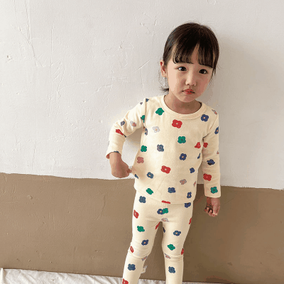 秋冬新作 ユニセックス ルームウェア 保温インナー ボディスーツ 花フラワー Tシャツ+ズボン 80-150