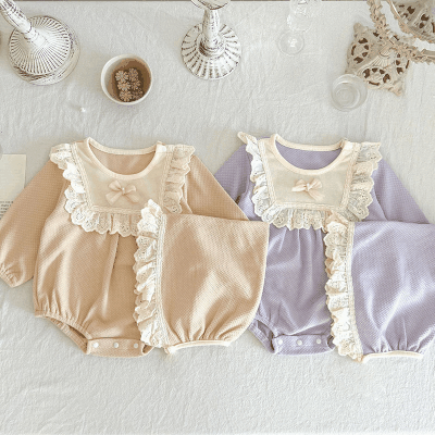 秋冬新作 ガールズ 子供服 カバーオール 連体服 フリル 花柄レース リボン 帽子+ロンパース 66-100