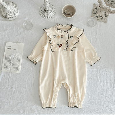 秋冬新作 ガールズ 子供服 カバーオール 連体服 フリル 花柄刺繍 長ズボン ロンパース 66-100