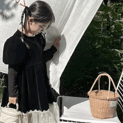 秋冬新作 3-8歳 ガールズ 重ね着風 フリル シフトドレス ビーズ ワンピース ベルベット ワンピ 5-13