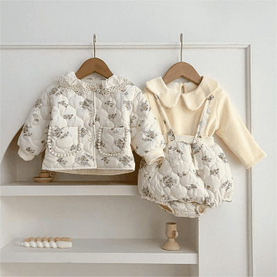 秋冬新作 ガールズ 連体服 花柄 裏ボア裏起毛 暖かく Tシャツ ジャケット+パンツ サロペット 66-100