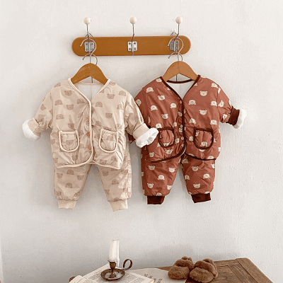 秋冬新作 ユニセックス 0-3歳子供 裏ボア裏起毛 防寒 厚手 熊 暖かく ジャケット 上着+長ズボン 66-100