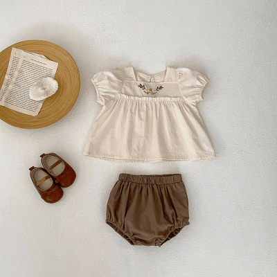 春夏新作 0-3歳キッズ ガール 花柄 ブラウス ハーフスリーブ シャツ上着+ショートパンツ 73-100