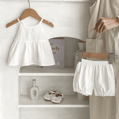 春夏新作 韓国風 0-3歳キッズ ガールズ レースアップ キャミソール 上着+ショートパンツ 66-100