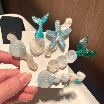 春夏 レディース ガールズ少女 ヘアクリップ ヘアピン 貝殻ヒトデ アクリルパール 人魚姫 マーメイド