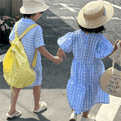 韓国風子供服 2024春夏 姉妹兄弟コーデ チェック柄 ワンピース&上下セット トップス+ズボン 80-150cm