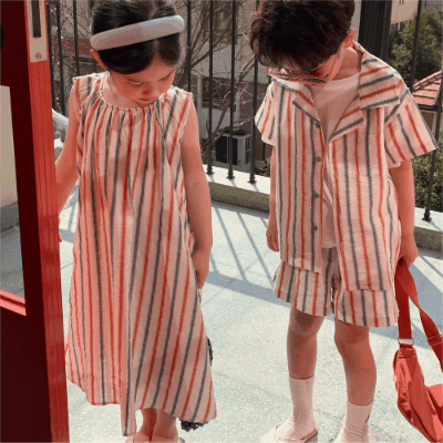 韓国風子供服 ストライプ柄 2024春夏 姉妹兄弟コーデ ワンピース&シャツ上着 トップ 半ズボン 80-140cm