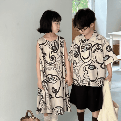 韓国風子供服 プリント 2024春夏 姉妹兄弟コーデ ワンピース&シャツ上着 トップス 半袖 90-150cm