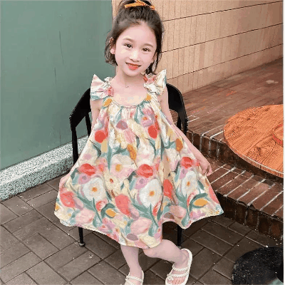 春夏 韓国風子供服 ガール シフトドレス ノースリープ 花柄 フリル ワンピース ワンピ 7-17