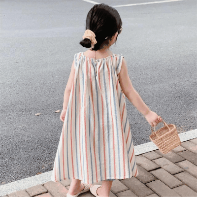 春夏 韓国風子供服 ガール シフトドレス ノースリープ ストライプ柄 ワンピース ワンピ 80-140
