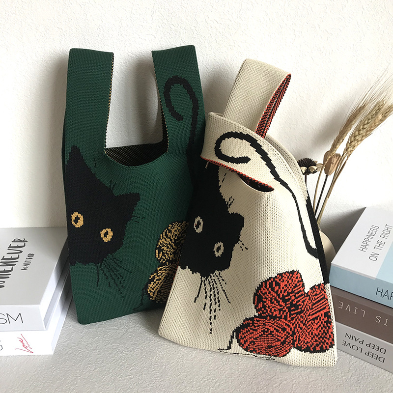 「2024」バッグ★ニットバッグ★猫柄★ハンドバッグ★ 2色