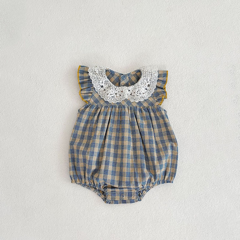 お勧め 春夏新作 子供服 カバーオール 女の子 袖なし連体服 チェック柄 花柄レースフリル ロンパース 66-90