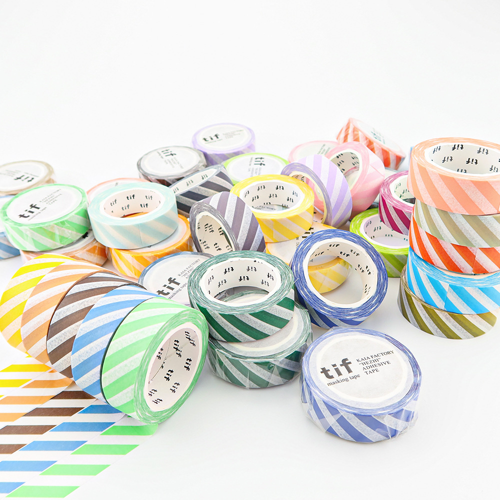 塩系文具 シール貼紙 手帳素材 マスキングテープ マカロンカラー 幾何学ストライプ柄 15mm*10m 24色