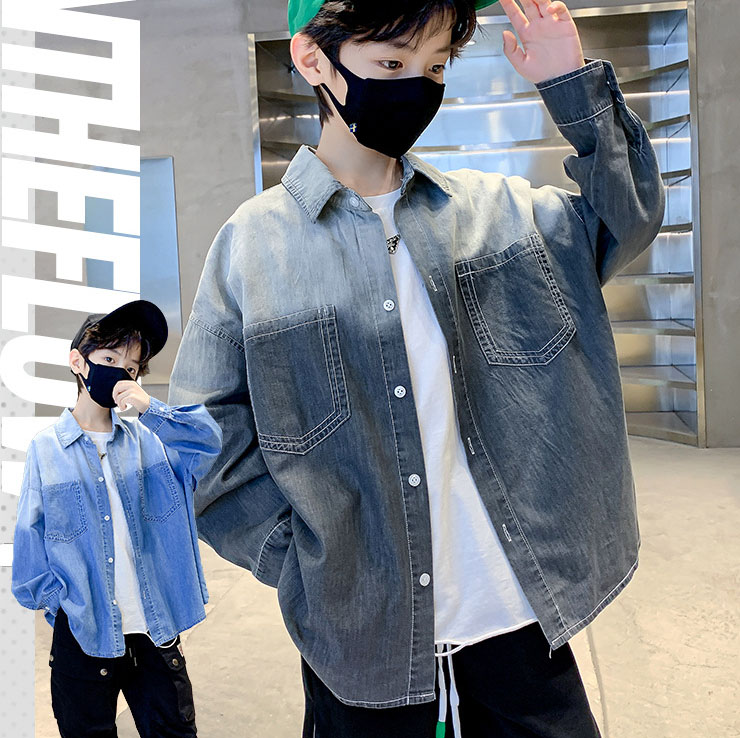 お勧め 春夏新作 子供服 男の子 グラデーション シャツ ブルゾン デニム上着 ブラウス 2色 120-170