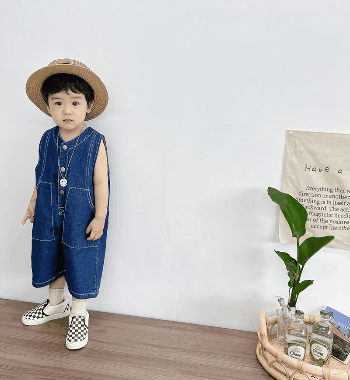お勧め 春夏新作 男女 韓国風子供服 連体服 デニムパンツ ジーパン 袖なしTシャツ+連体ズボン 80-120
