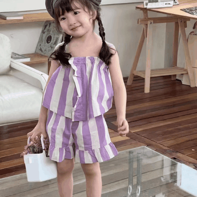 サマー ガールズ ショートパンツ レースアップ ストライプ柄 ノースリープ キャミソール+パンツ 90-140