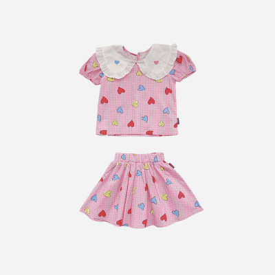 サマー キッズ ガールズ ショートスカート フリル ブラウス チェック柄ハート シャツ+スカート 90-140