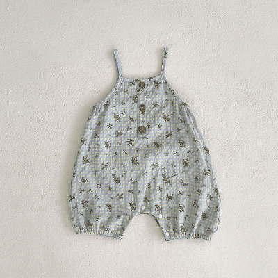 夏新作 ベビー ガールズ 連体服 ボタニカル サロペット 吊りズボン チェック柄 ロンパース 66-100