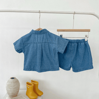 ユニセックス キッズ春夏 ブラウス ハーフスリープ上着 デニム ショートパンツ シャツ+ズボン 73-120
