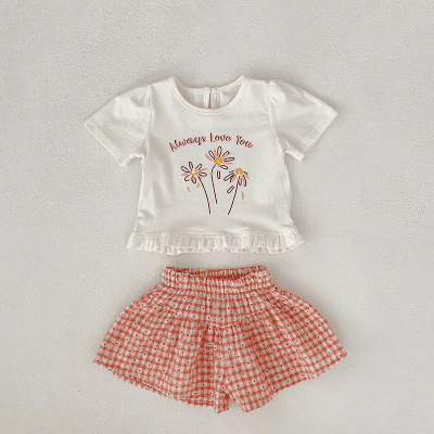 女の子夏新作 ブラウス フリル 半袖上着 花柄 チェック柄 ショートパンツ シャツ+ズボン 66-100