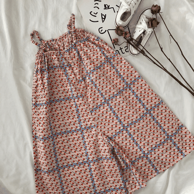 お勧め 春夏 韓国風子供服 キッズ 連体ズボン ノースリープ サクランボ ワイドパンツ チェック柄 90-140