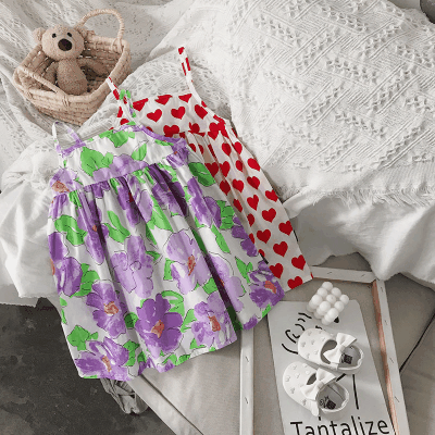 お勧め 春夏 韓国風子供服 スリップドレス ワンピース ハート花柄 ノースリープ ワンピ 90-140