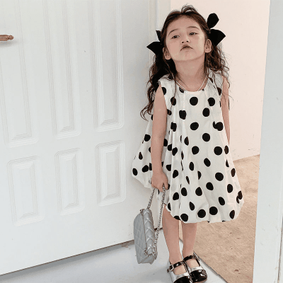 お勧め 春夏 韓国風子供服 ガール ドット柄 ノースリープドレス ワンピース ゆったり ワンピ 7-15
