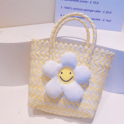 お勧め 春夏 キッズ子供 ポシェット かごバッグ 編みバッグ ガールズ チェック柄 ハンドバッグ ぬいぐるみ