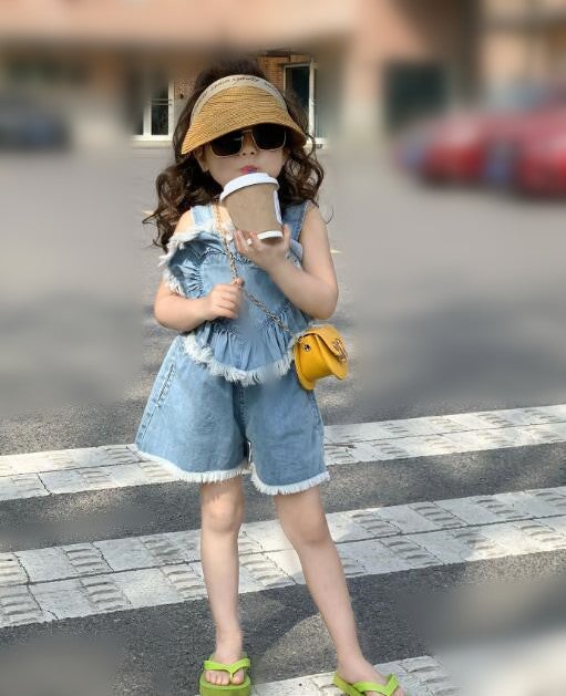 子供服★トップス+パンツ★セットアップ★韓国風子供服★デニム★袖なし★90-140CM