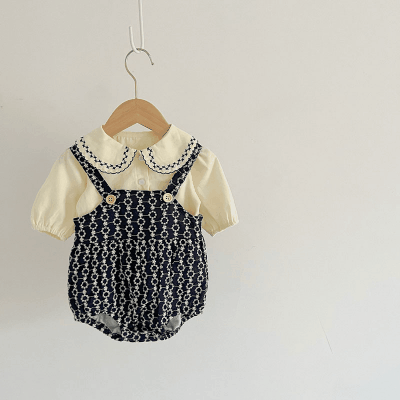 秋冬新作 ガールズ 連体服 オシャレ春秋 サロペット 花柄 ブラウス シャツ+ロンパース 66-100