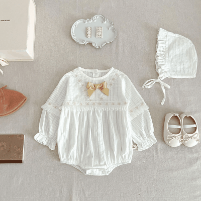 秋冬新作 ガールズ 連体服 0-3歳 フリル 花柄レース リボン 帽子+ロンパース カバーオール 66-100